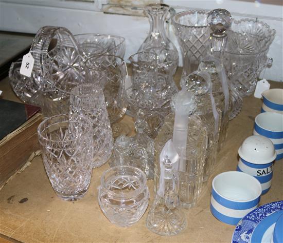 Collection of cut glass tableware, inc decanters, bowls, fruit basket, vases etc (some faults)